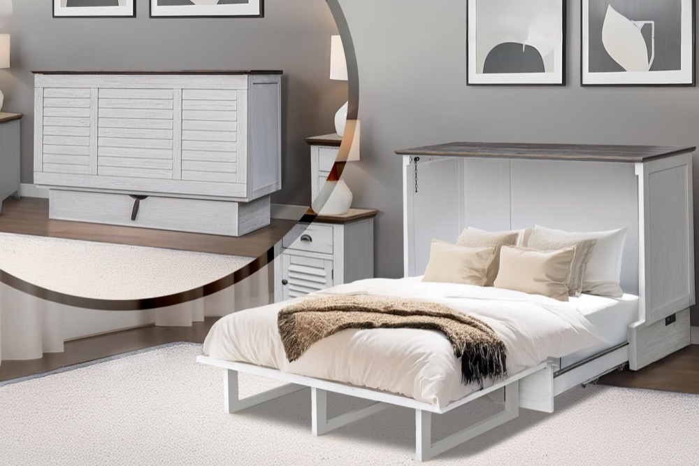 Light-finish Murphy cabinet bed opened into a queen bed