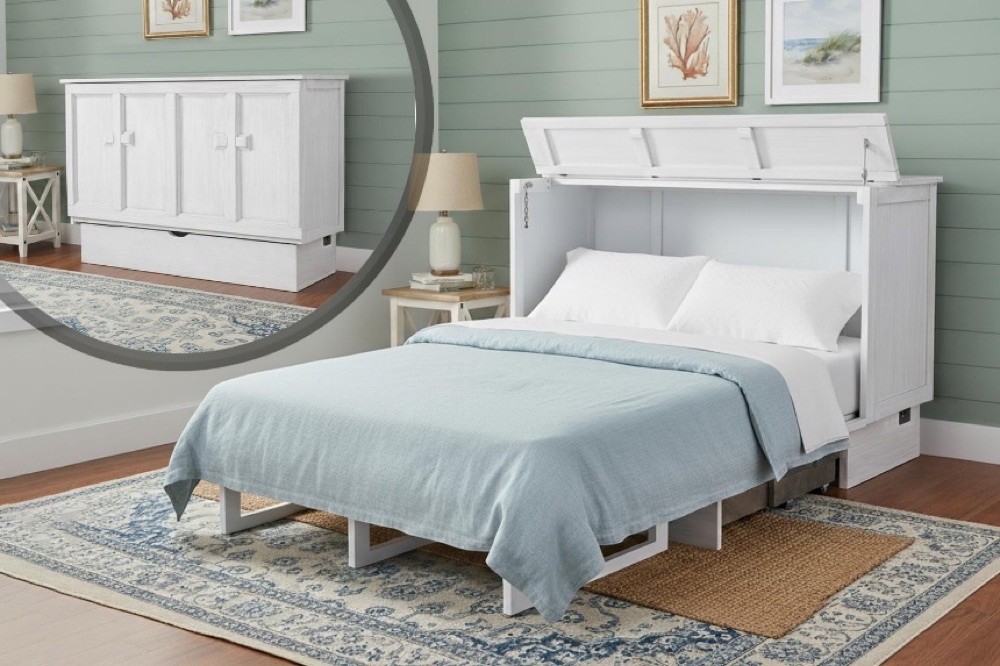 Murphy cabinet bed shown closed as a cabinet and opened into a made queen bed