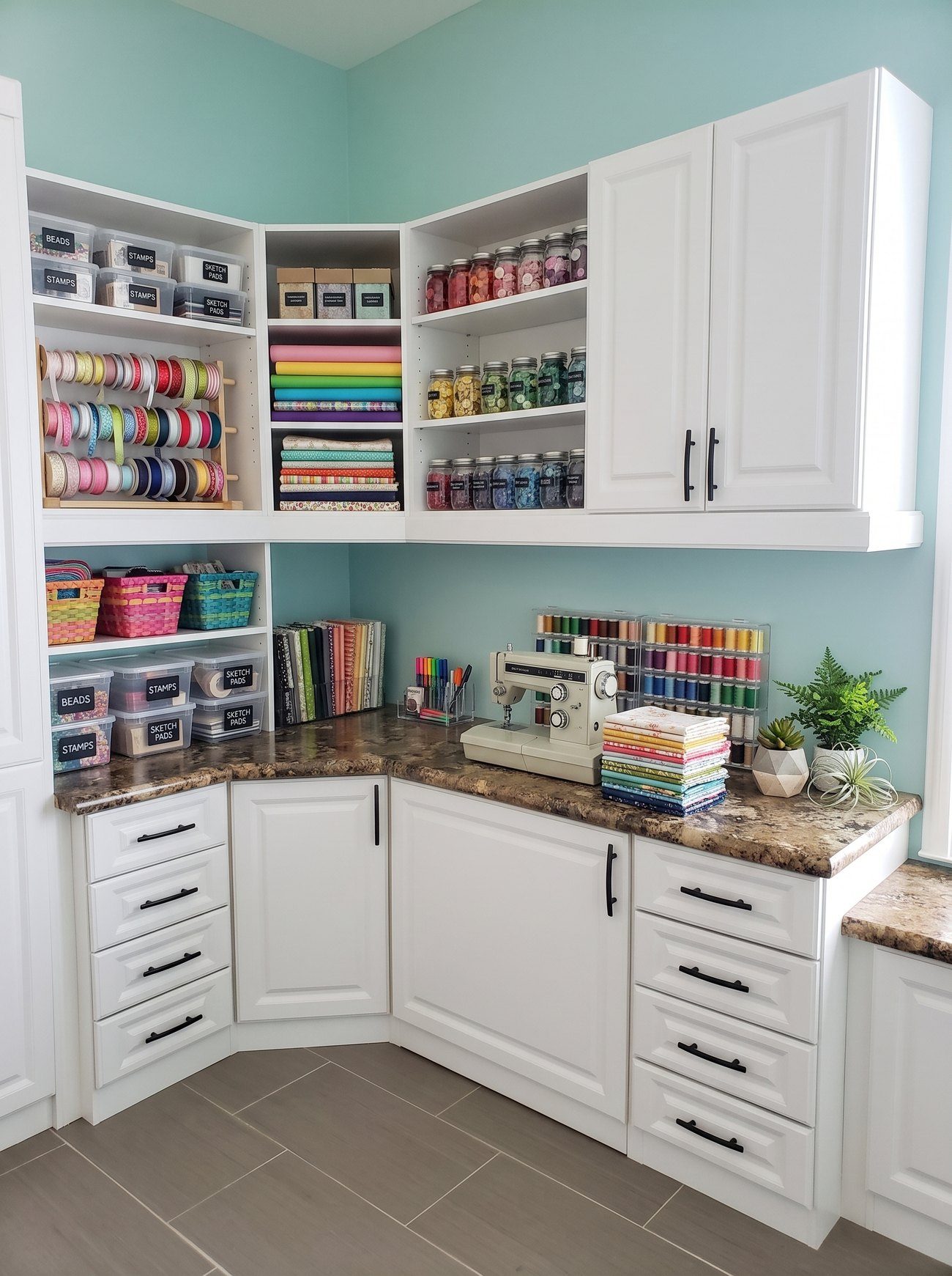 Bright craft room with organized supplies and corner cabinetry by Create More Space