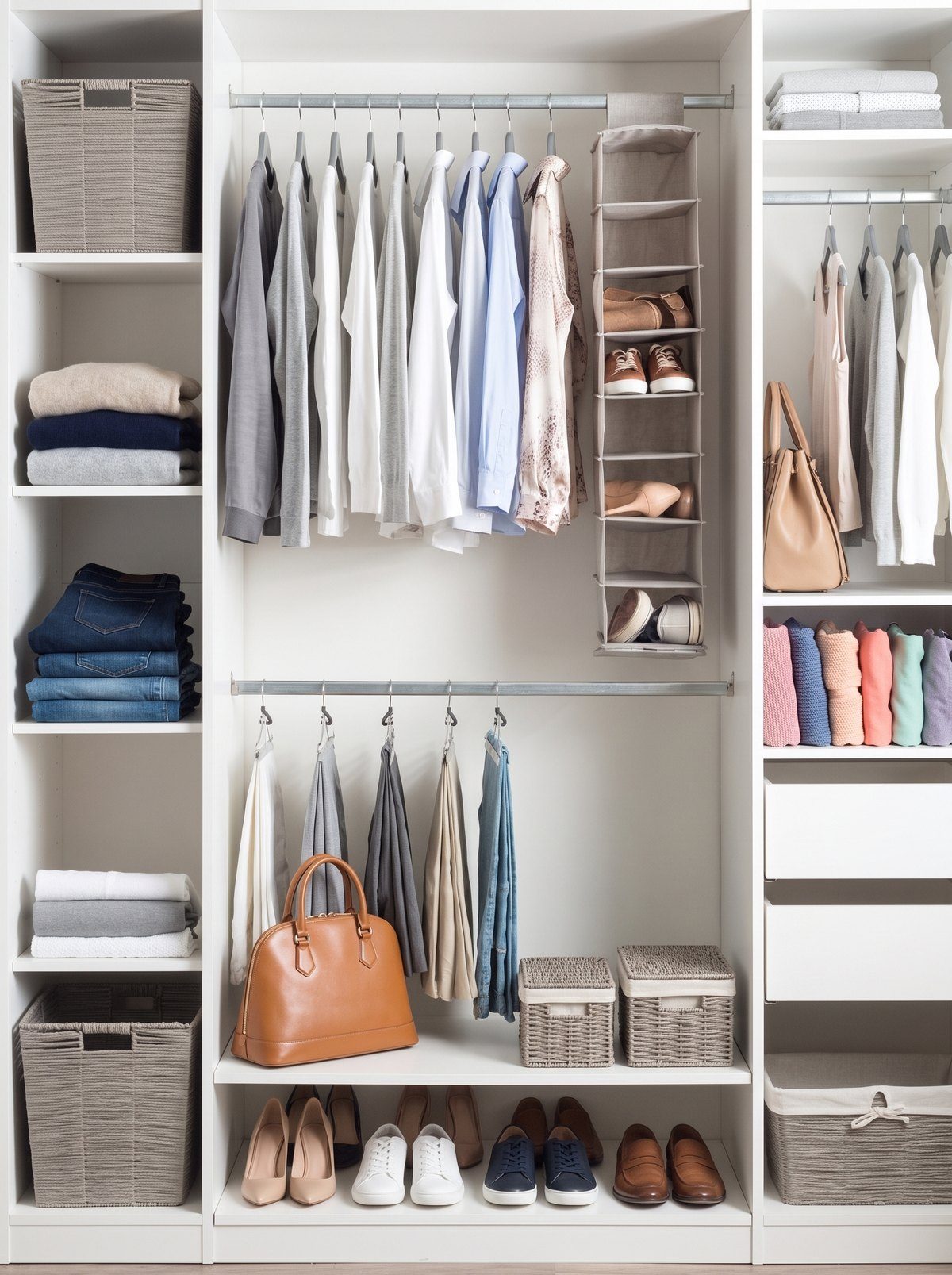 Reach-in closet with hanging sections and folded storage