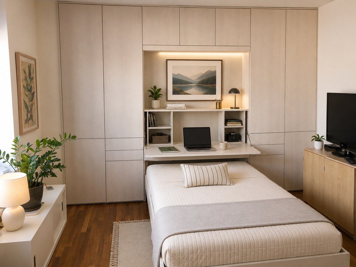 Zoom-Bed hidden behind a desk unit
