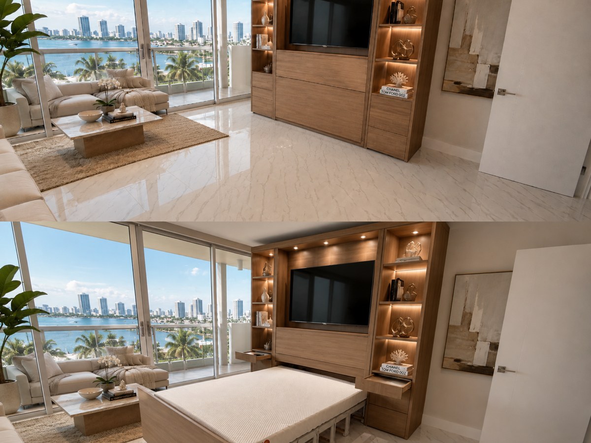 Zoom-Bed integrated into a bookshelf wall
