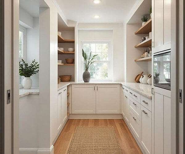 Walk-in pantry with cabinetry and shelving by Create More Space