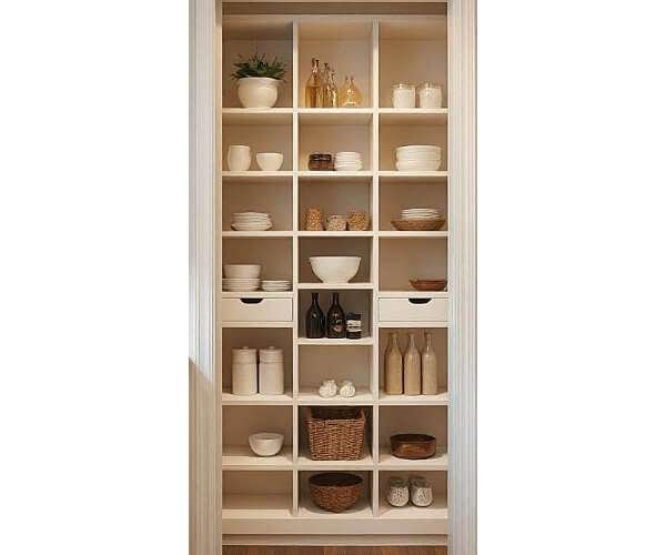 Custom pantry with open shelving and baskets by Create More Space