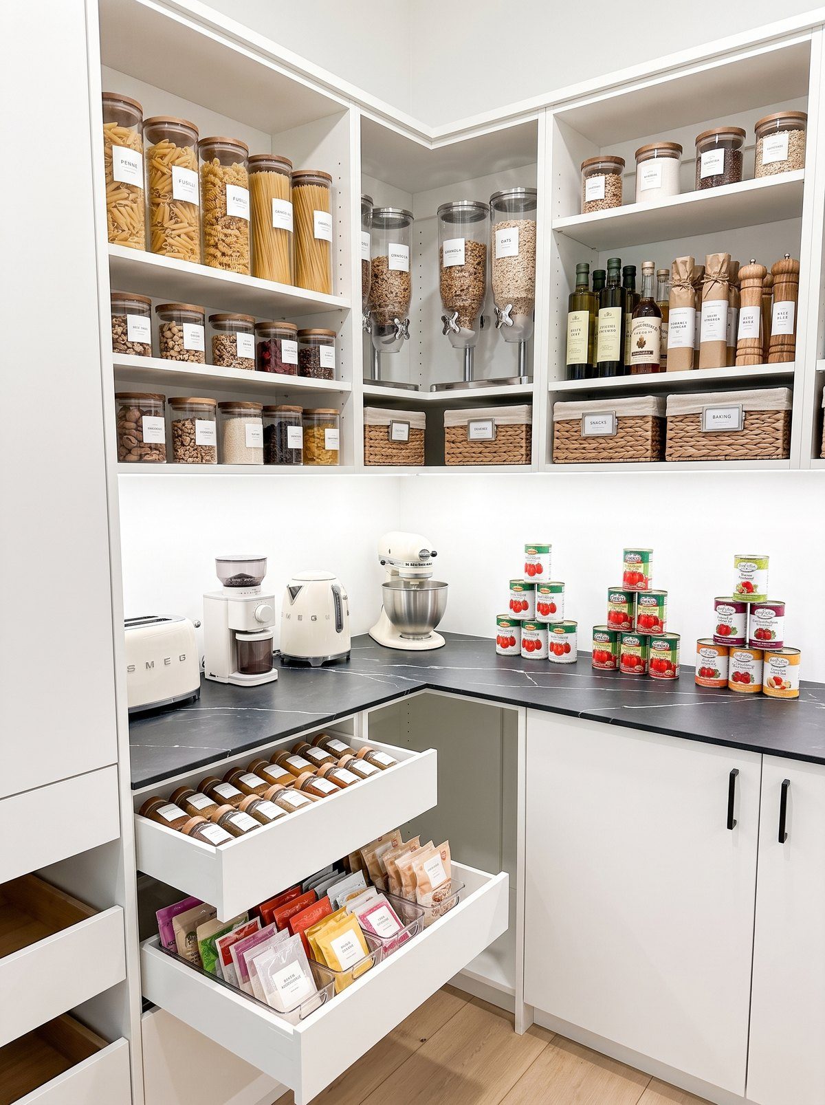 Walk-in pantry with fully stocked shelving by Create More Space
